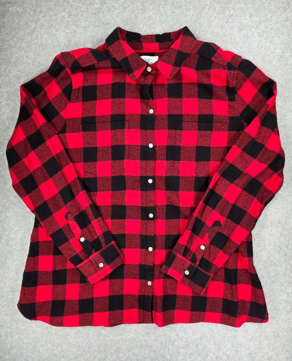 Croft & Barrow Flannel Shirt Women's Large Red Black Buffalo Plaid Button Up